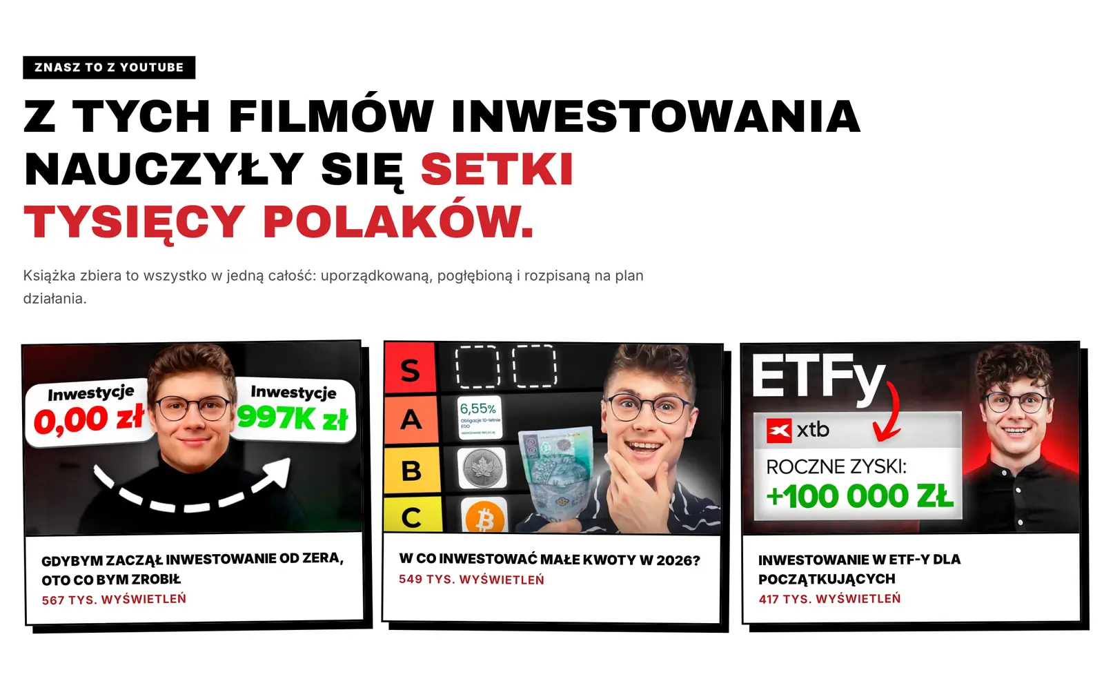 Sekce s autorovými videi z YouTube na stránce e-shopu Inwestokracja
