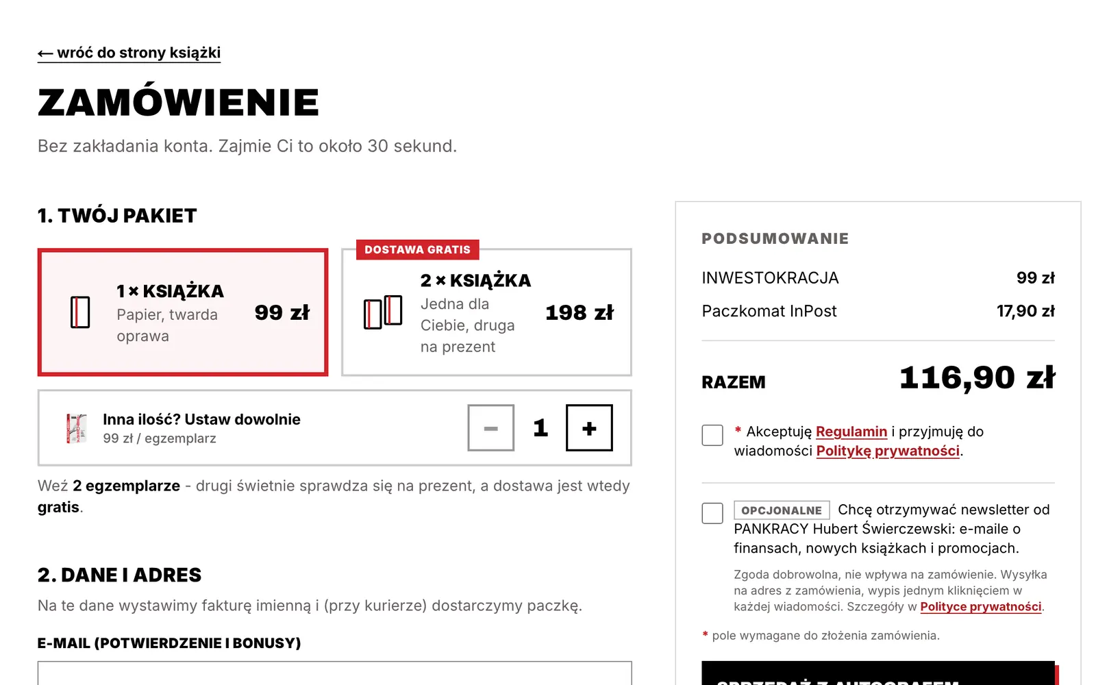 Objednávkový formulář v e-shopu Inwestokracja