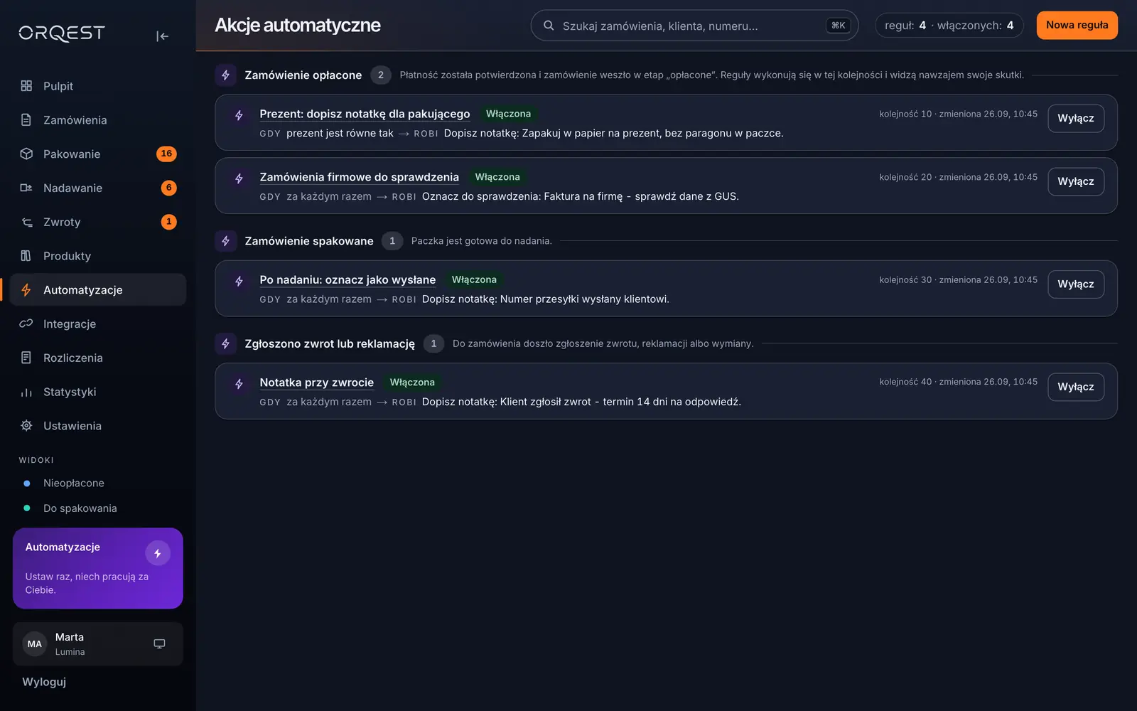 Pravidla automatizace v ORQEST, na ukázkových datech