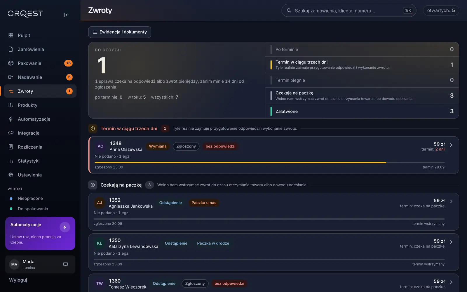 Modul vrácení ORQEST s lhůtami pro odpověď, na ukázkových datech