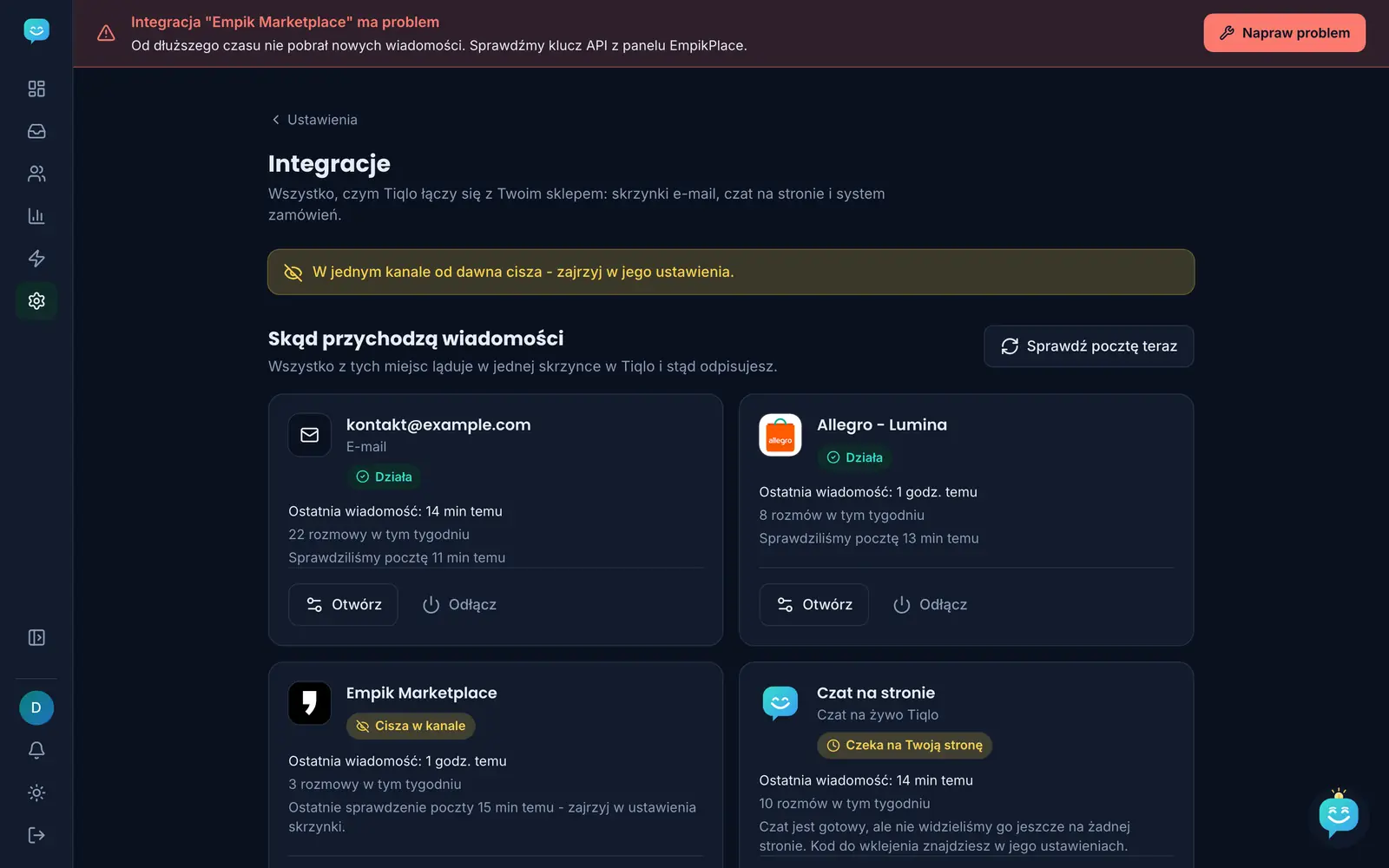 Připojené kanály v Tiqlo: e-mail, Allegro, Empik a chat, na ukázkových datech