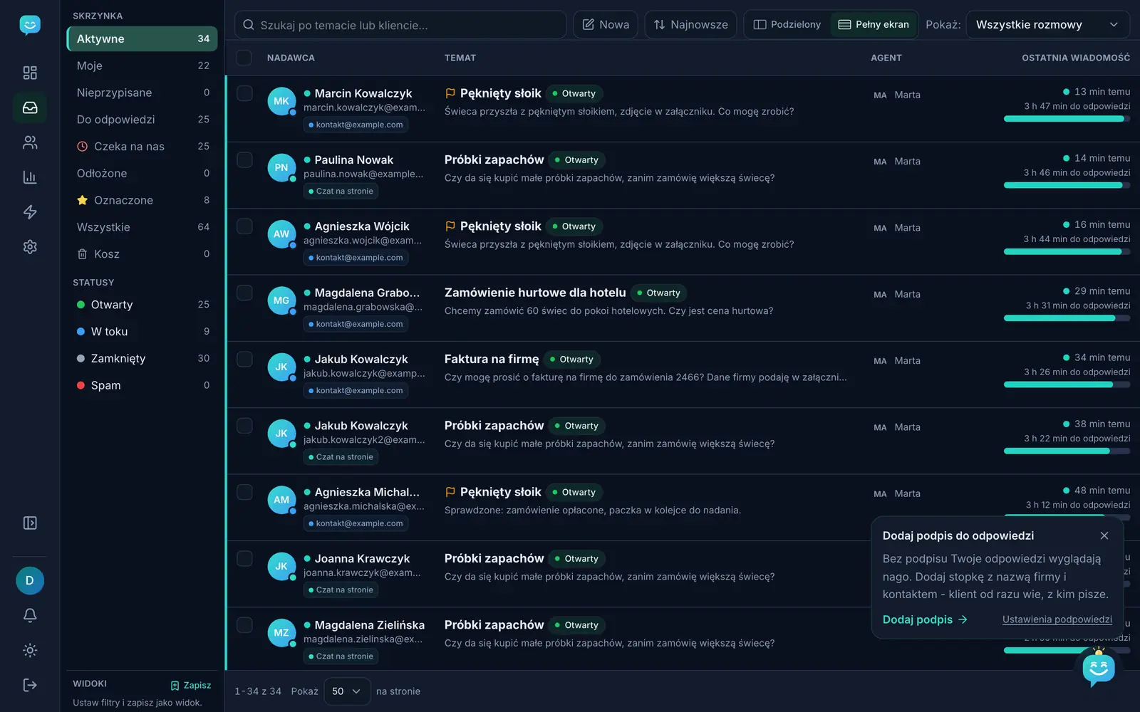 Schránka helpdesku Tiqlo s rozhovory z více kanálů, na ukázkových datech